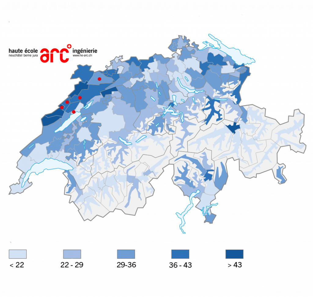 Emplois dans le secteur secondaire en Suisse, quote-part en %(OFS, 2019)