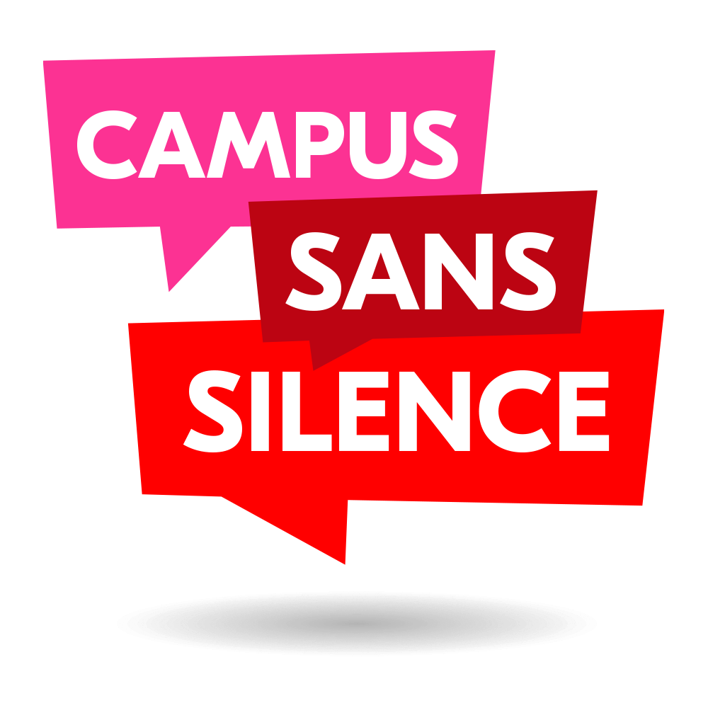 Trois bulles colorées citent la phrase "Campus sans silence"